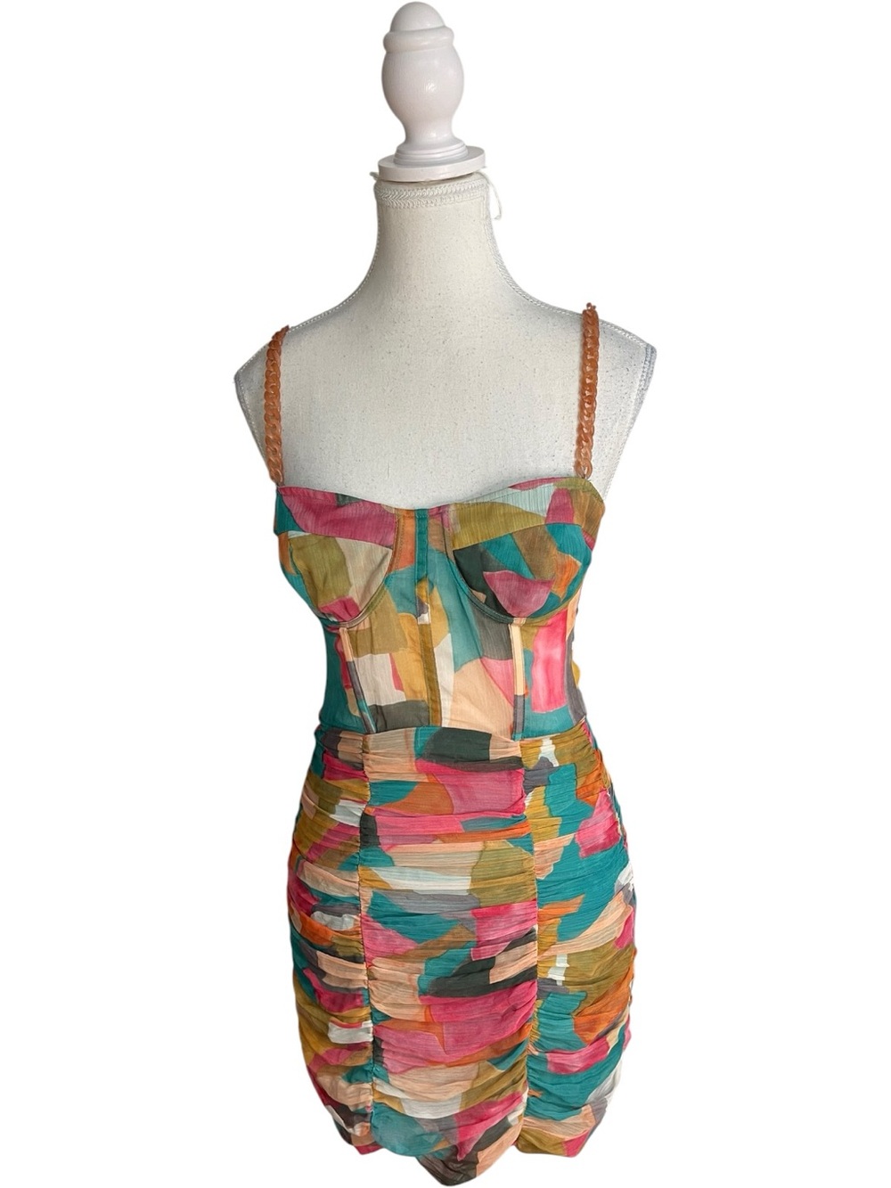 Zara Chain Strap Abstract Print Mini Dress Pink Blue